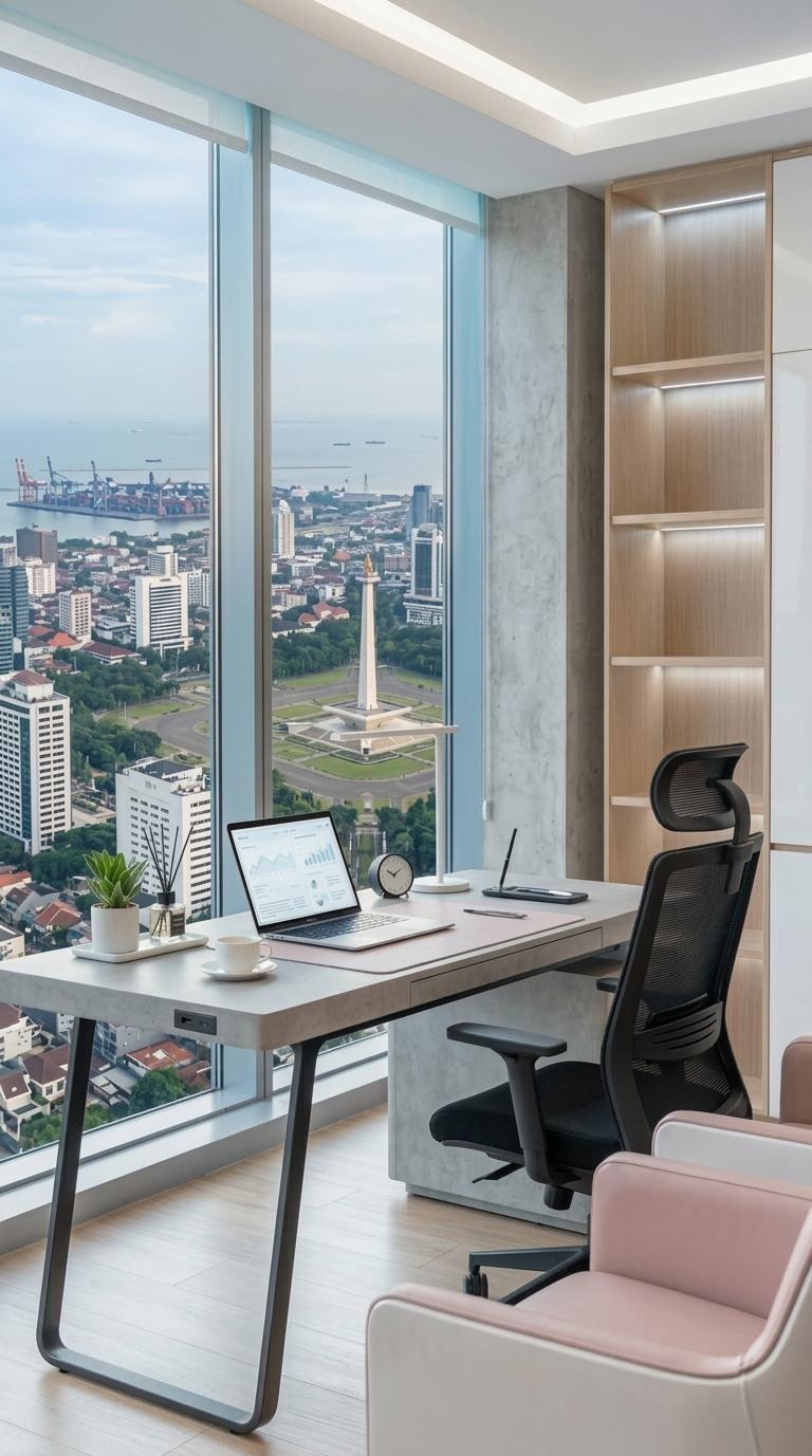 Ruang kerja modern NAVA dengan pemandangan Jakarta